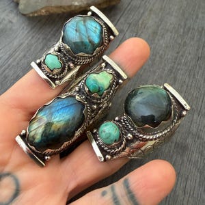 Labradorite Turquoise Two Stone Ring: Chunky Adjustable Gemstone Ring image 2