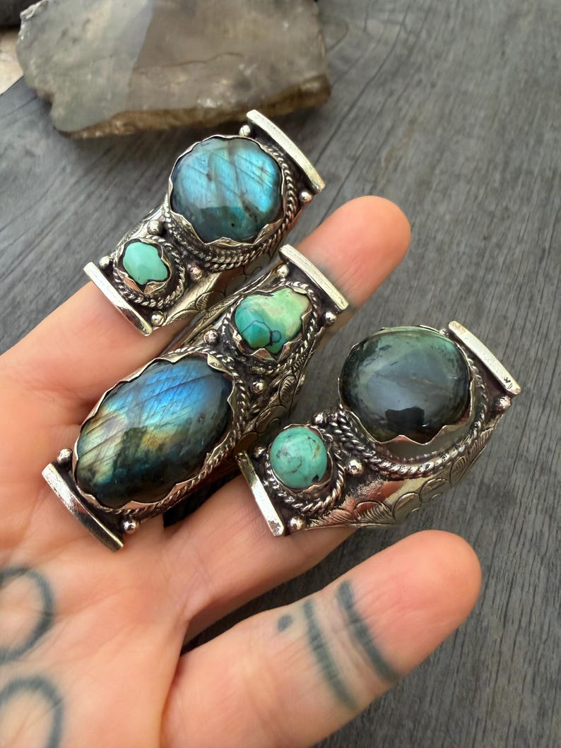 Labradorite Turquoise Two Stone Ring: Chunky Adjustable Gemstone Ring image 2