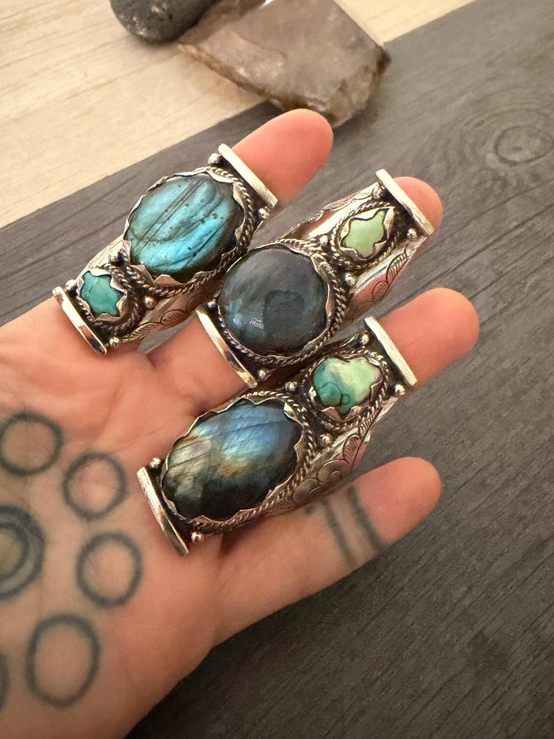 Labradorite Turquoise Two Stone Ring: Chunky Adjustable Gemstone Ring image 19