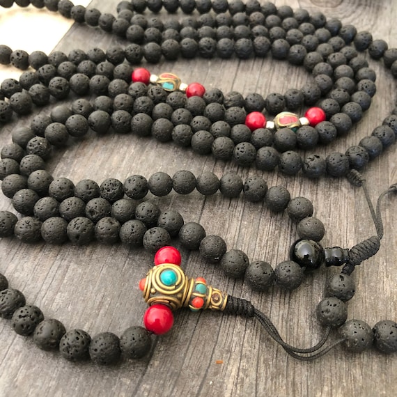 Black Mala Necklace Mala Beads 108 Lava Stone Necklace Lava Rock