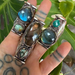Labradorite Turquoise Two Stone Ring: Chunky Adjustable Gemstone Ring image 14