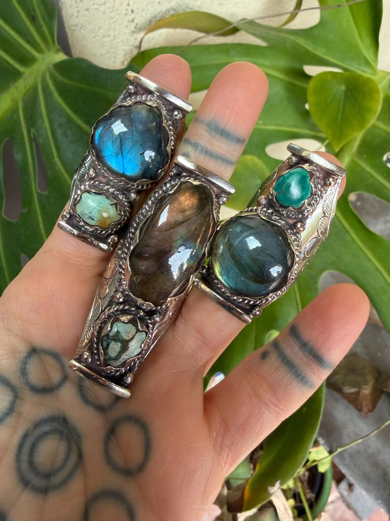 Labradorite Turquoise Two Stone Ring: Chunky Adjustable Gemstone Ring image 14