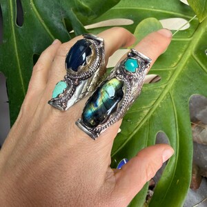 Labradorite Turquoise Two Stone Ring: Chunky Adjustable Gemstone Ring image 4