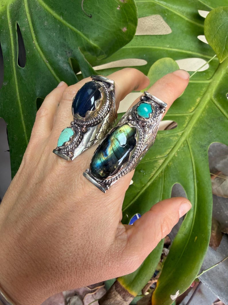 Labradorite Turquoise Two Stone Ring: Chunky Adjustable Gemstone Ring image 4