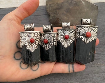 Raw Black Tourmaline Sterling Silver Pendant: Red Coral Accent