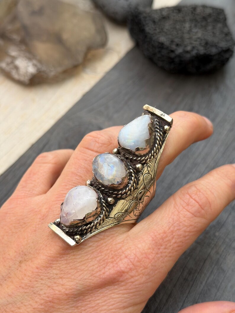 Semi Precious Ring Moonstone Ring Moon Stone Ring Three Stone Ring Chunky Ring Birth Stone Ring Cool Ring Edgy Ring Chunky Rings image 18