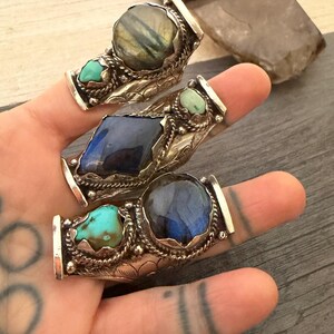 Labradorite Turquoise Two Stone Ring: Chunky Adjustable Gemstone Ring image 10