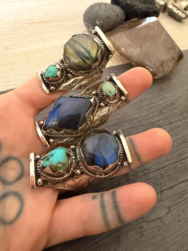 Labradorite Turquoise Two Stone Ring: Chunky Adjustable Gemstone Ring image 10