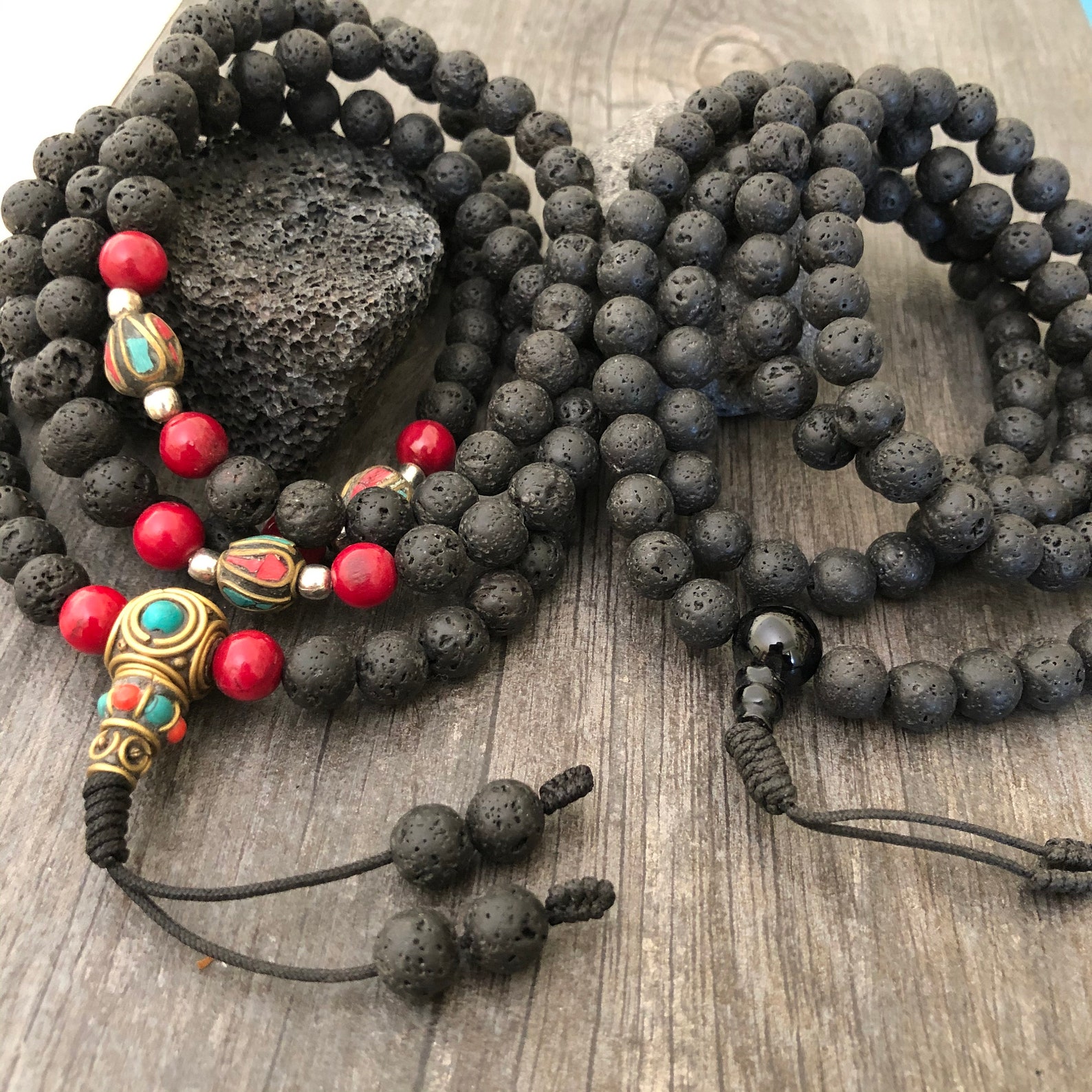 Black Mala Necklace Mala Beads 108 Lava Stone Necklace Lava Etsy
