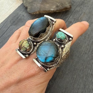 Labradorite Turquoise Two Stone Ring: Chunky Adjustable Gemstone Ring image 13