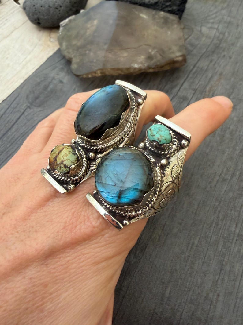 Labradorite Turquoise Two Stone Ring: Chunky Adjustable Gemstone Ring image 13
