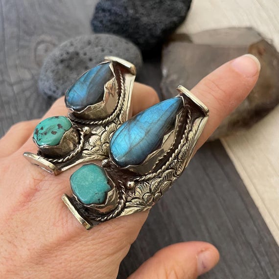 Labradorite Turquoise Two Stone Ring: Chunky Adjustable Gemstone Ring