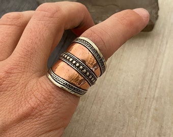 Bohemian Copper Statement Ring: Adjustable Unisex Metal Ring