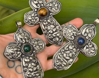 Large Embossed Cross Pendant: Rustic Alloy Necklace with Gemstone