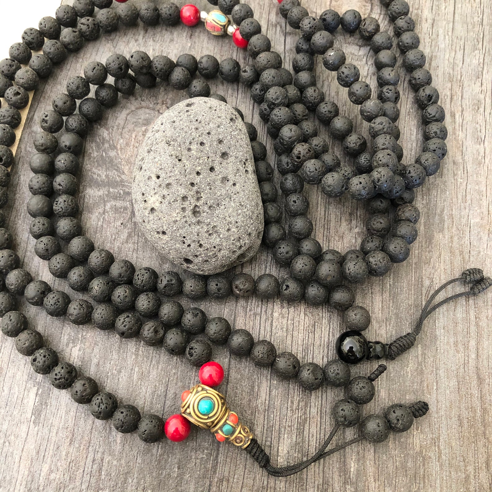 Black Mala Necklace Mala Beads 108 Lava Stone Necklace Lava Etsy