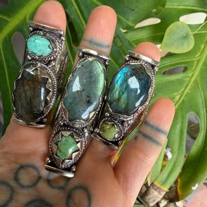 Labradorite Turquoise Two Stone Ring: Chunky Adjustable Gemstone Ring image 18
