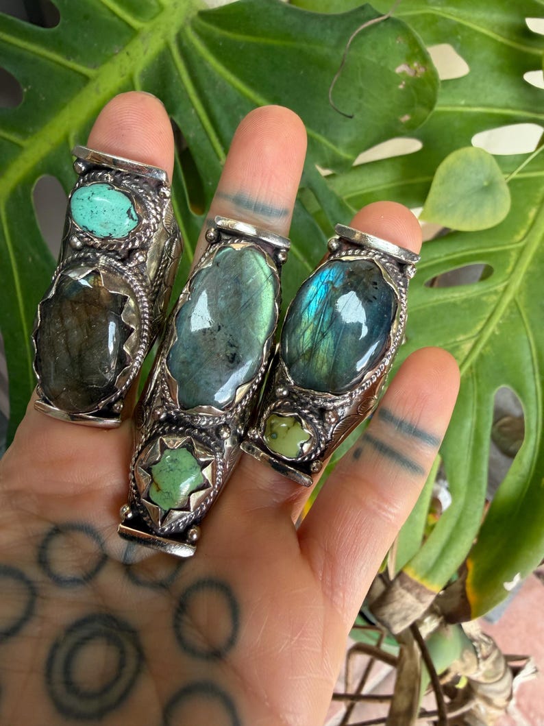 Labradorite Turquoise Two Stone Ring: Chunky Adjustable Gemstone Ring image 18