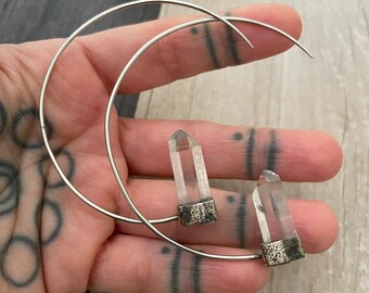 Quartz Crystal Hoop Earrings: Boho Dangle Stone Jewelry