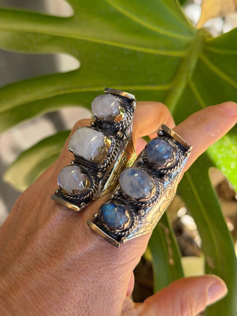 Semi Precious Ring Moonstone Ring Moon Stone Ring Three Stone Ring Chunky Ring Birth Stone Ring Cool Ring Edgy Ring Chunky Rings image 20