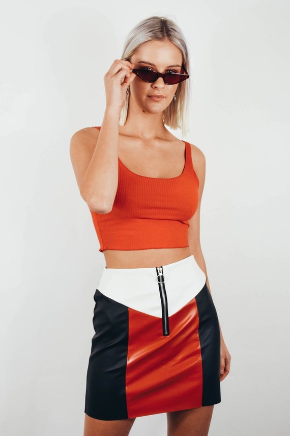 red crop top with black skirt