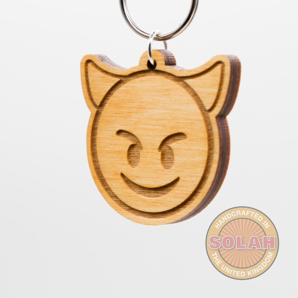 Devil Emoji Wood Keychain Devil Emoji Carved Wooden Key Ring Etsy