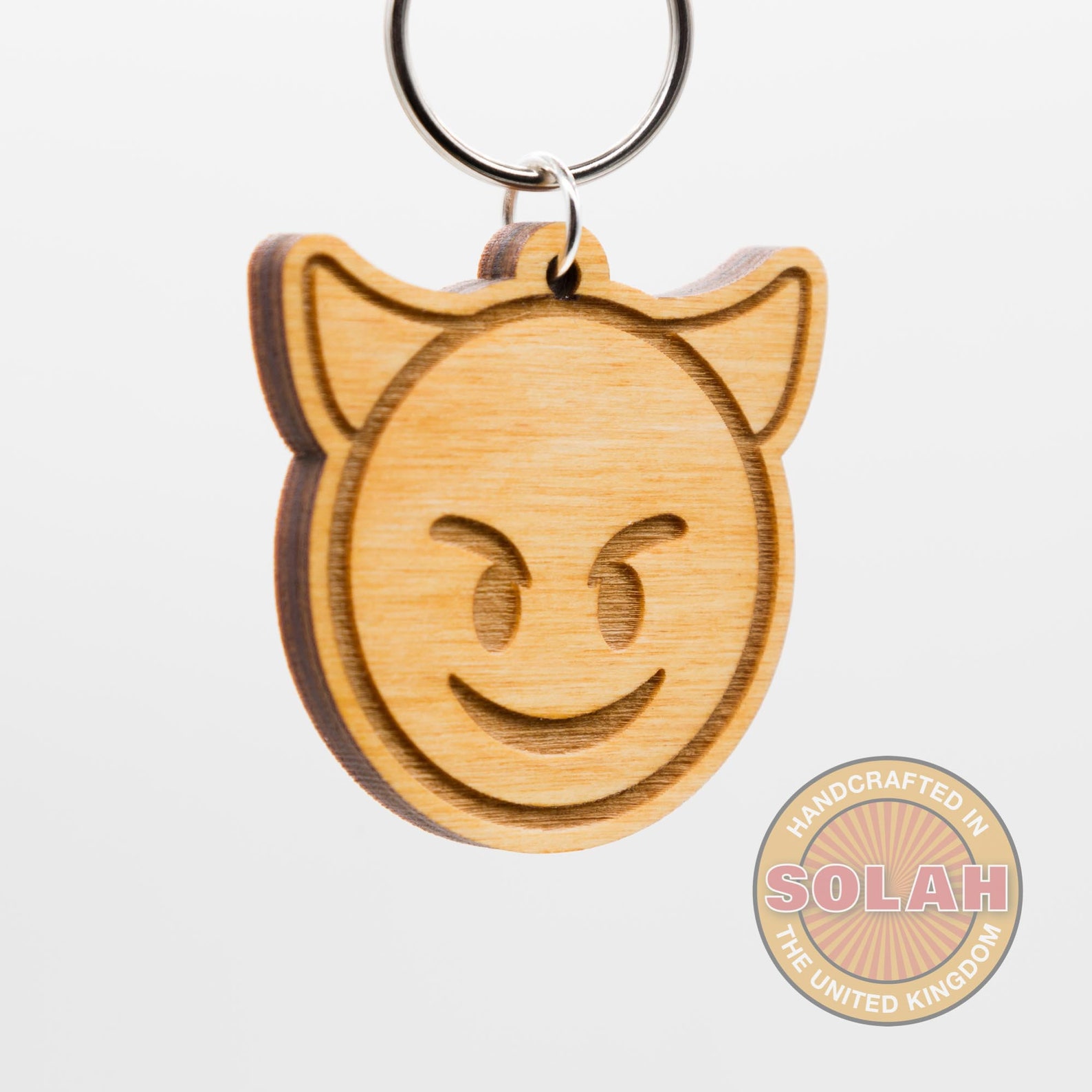 Devil Emoji Wood Keychain Devil Emoji Carved Wooden Key Ring Etsy