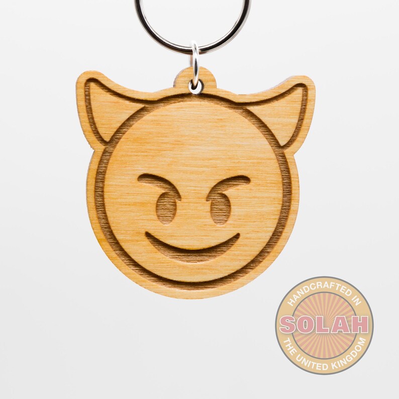 Devil Emoji Wood Keychain Devil Emoji Carved Wooden Key Ring Etsy