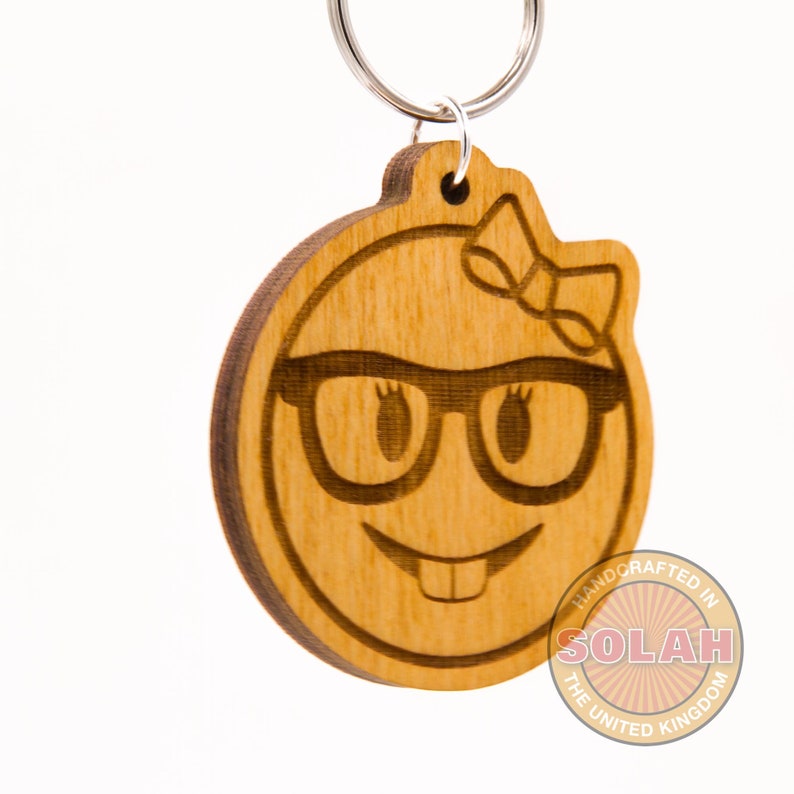 Female Nerd Face Emoji Wooden Keychain Feminine Nerd With Etsy UK