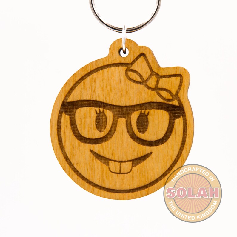Female Nerd Face Emoji Wooden Keychain Feminine Nerd With Etsy UK