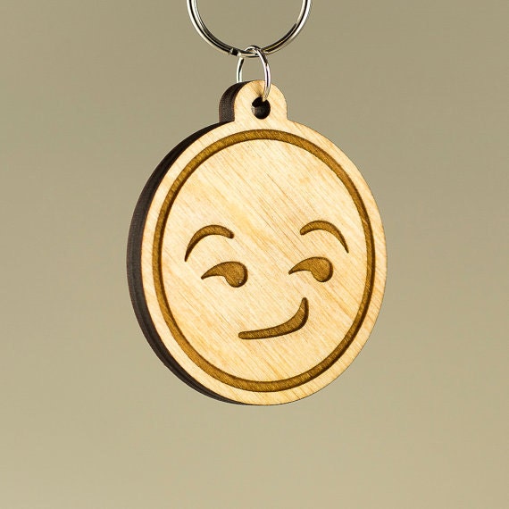 Smirking Emoji Wood Keychain Half Smiling Face Emoji Carved Etsy