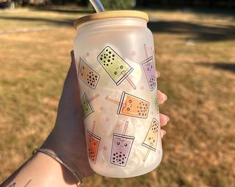 Cute Boba Tea 16oz Glass Can Cup