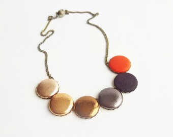 Gold Leather Statement Necklace, Modern Colorful Jewelry, Orange Necklace, Minimalist Jewelry, Gold Necklace, Accent Artistic Necklace