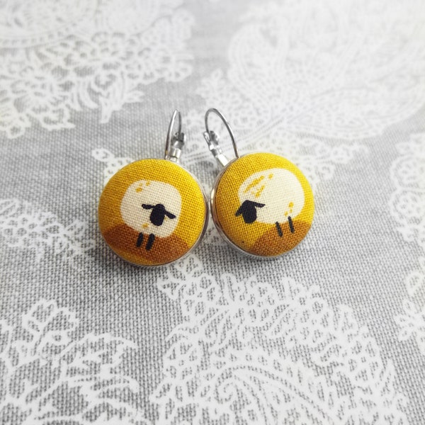 Mustard yellow earrings, Sheep Earrings, Lamb Earrings, Lamb Studs, Animal Lover, Sheep dangle drop earrings, Button earrings, Funny jewelry