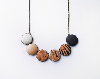 Cork Statement Necklace,Black Jewelry, Marble Cork Necklace, Minimalist Jewelry, Cork leather Necklace, Accent Artistic Necklace