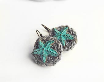 Boucles d’oreilles anciennes, boucles d’oreilles boho, boucles d’oreilles turquoise, boucles d’oreilles de déclaration, bijoux en soie, étoile de mer, boucles d’oreilles Boho Chic Accessoire textile