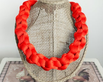 Rope Fabric Statement Necklace, Orange tomato Necklace, Fiber Necklace, Collar Necklace, Knot Necklace, Chic Necklace, Textile necklace