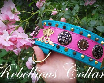 Dog collar turquoise and pink