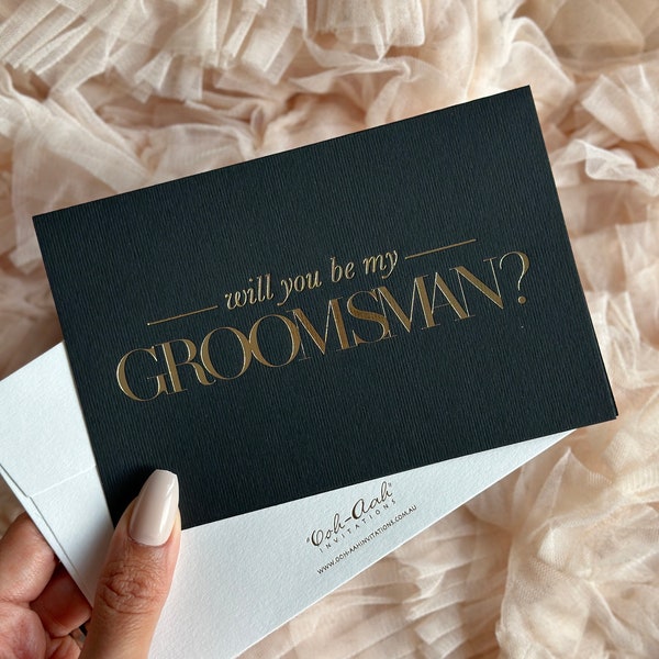 Groomsman proposal card in black and gold foil print | Will you be my groomsman card | Groomsmen gift cards