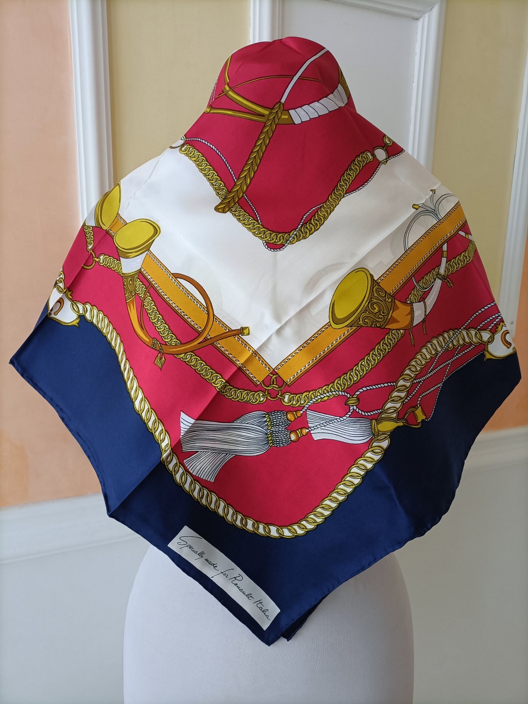 Foulard Vintage En Soie Renault - 40x41 Cm - Tour De Cou Marron - Style Bandana Ou Carré