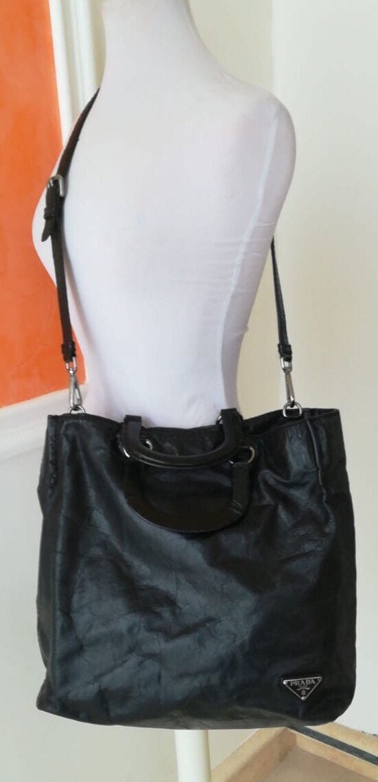 Vintage PRADA Black Calfskin Messenger Bag Nylon Strap AUTHENTIC w/  Determinat…
