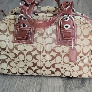 COACH Brown Khaki Jacquard C&#39;s Logo Signature with Silver Tone Buckles & Turnlock Vintage Satchel Bag