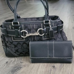 Coach Hampton Vintage Black Jacquard C&#39;s Logo Signature with Silver tone Satchel Bag & Black Leatherware Checkbook Wallet
