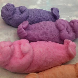 Assorted 3D otter-shaped soaps in black, brown, and soft pastel colors, floating on their backs with arms crossed on their chests and heads and feet facing the sky.