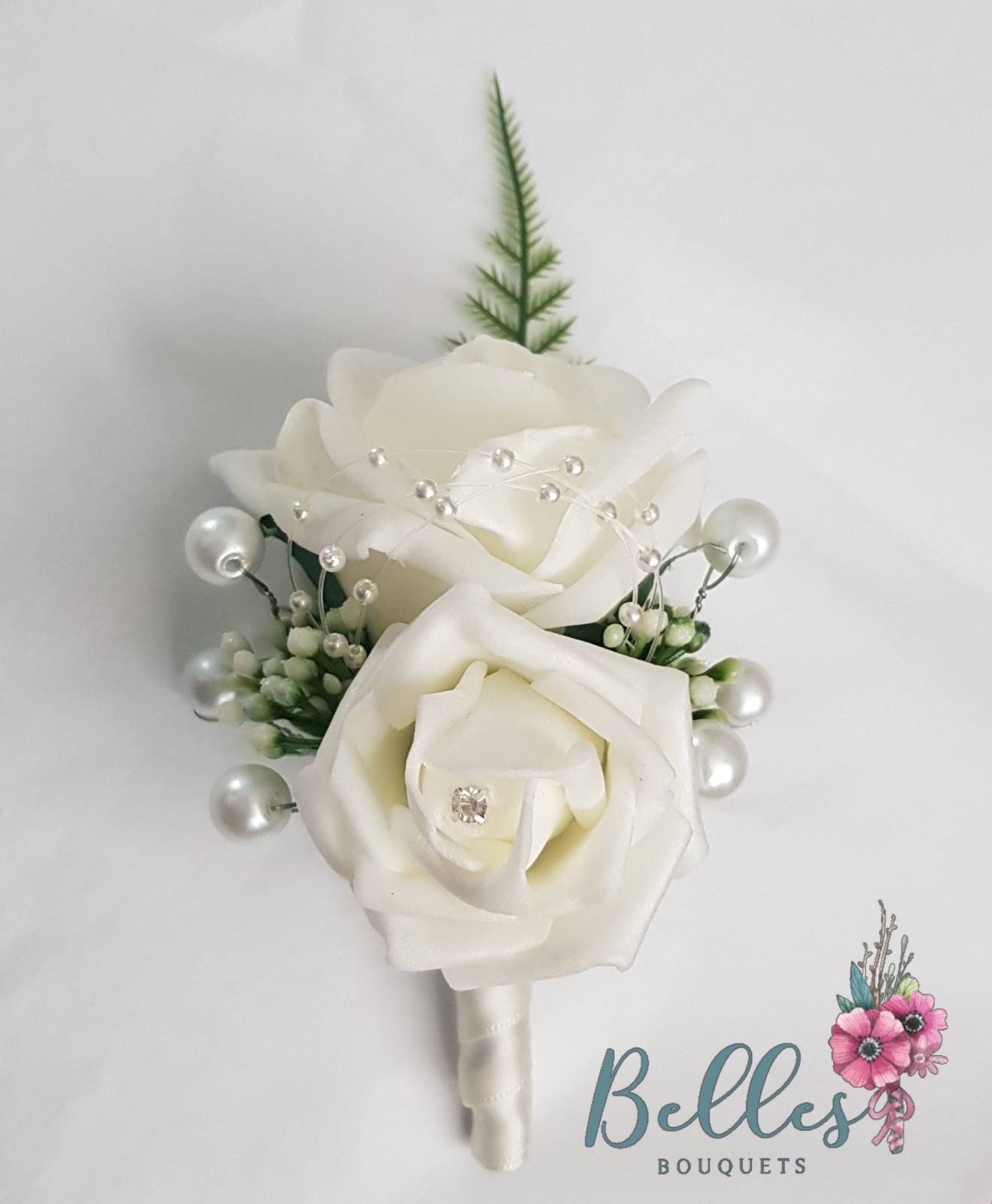 wedding flowers best man groom Buttonhole CORSAGE ivory rose with loop and fern 