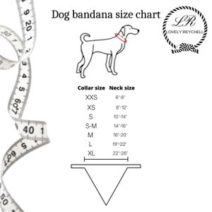 May include: A dog bandana size chart with a line drawing of a dog wearing a bandana. The chart lists collar sizes from XXS to XL, with corresponding neck sizes in inches. The Lovely Reychell logo is in the upper right corner.