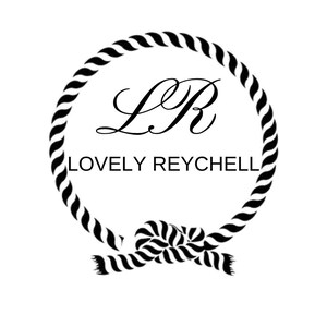 May include: Black and white logo for Lovely Reychell. The design features a circular rope border with a knot at the bottom. Inside the circle are the letters "LR" in an elegant script, with the words "LOVELY REYCHELL" below.