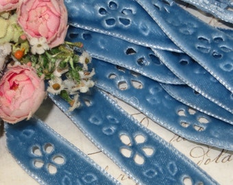 1y  BLUE VELVET RIBBON Flower Cut Out Vintage Taffeta Back Trim Boho Choker Necklace Applique Metal Coachella Sari French Doll Dress Rococo