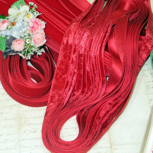 1y 7/8" CRUSHED RED VELVET Vintage Rayon velvet Ribbon Crimson Vestment Gypsy Velvet Antique Doll Dress Millinery Hat Frayed Edge Flower