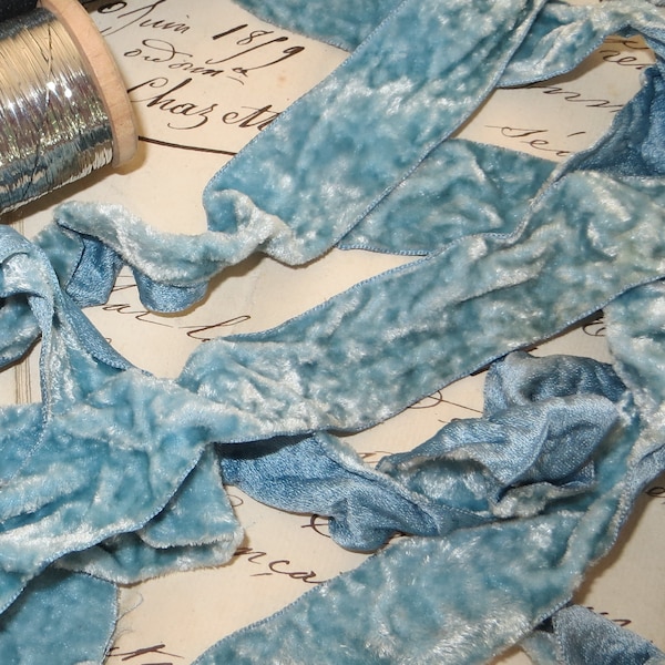 1y CRUSHED BLUE SILK Patina Velvet Ribbon Shabby Antique French 1" 1920s flapper Millinery flower trim Doll Dress Edwardian Cloche Wedding