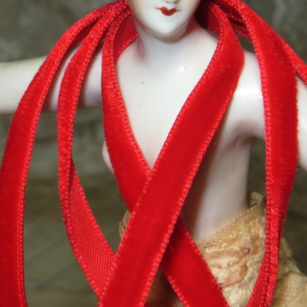 5y 1/8" RED VELVET Antique Ribbon Ornament Scarlet Vestment Doll Dress Millinery Hat Flower Tinsel Christmas Trim Green Tree French